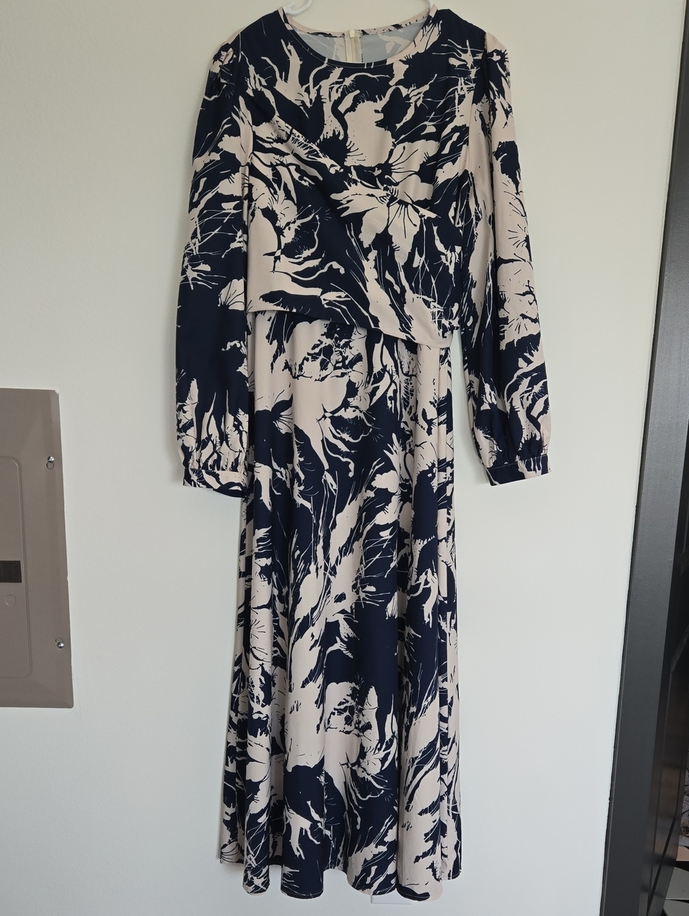 Navy and Cream Long Sleeve Floral Maxi Dress